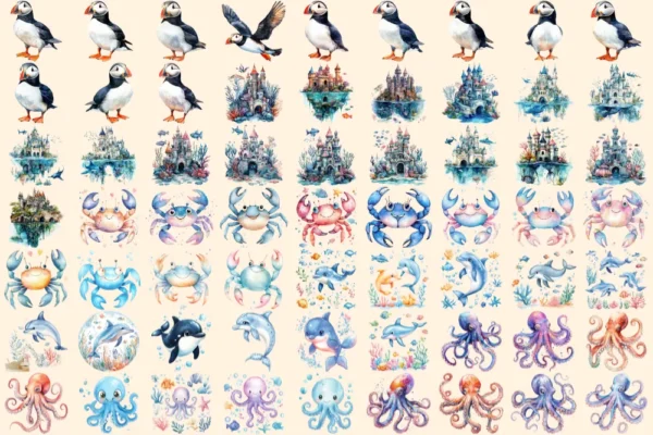 Under the Sea Watercolor Clipart Bundle - 422+ transparent PNG, Ocean life graphics, Marine creature art, Commercial use, Digital download