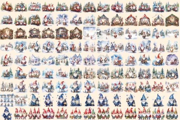 Christmas Gnomes Watercolor Clipart Bundle - 785+ transparent PNG, Festive magic graphics, Holiday gnome png,Commercial use,Digital download