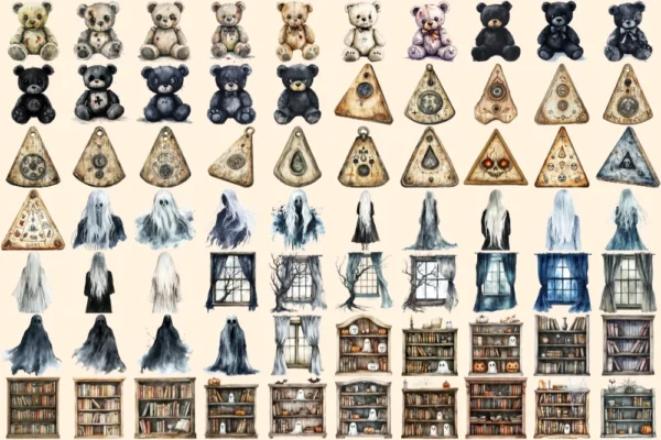 Haunted Mansion Watercolor Clipart Bundle - 475+ transparent PNG, Eerie house png, Ghostly spooky decor, Commercial use, Digital download
