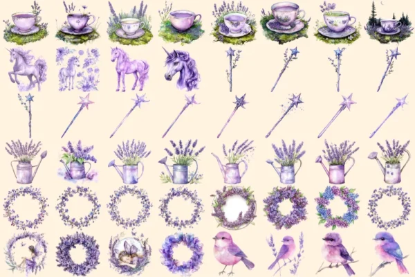 Fairy Dust Watercolor Clipart Bundle - 325+ transparent PNG, Fairytale purple graphics, Whimsical lilac art, Commercial use,Digital download