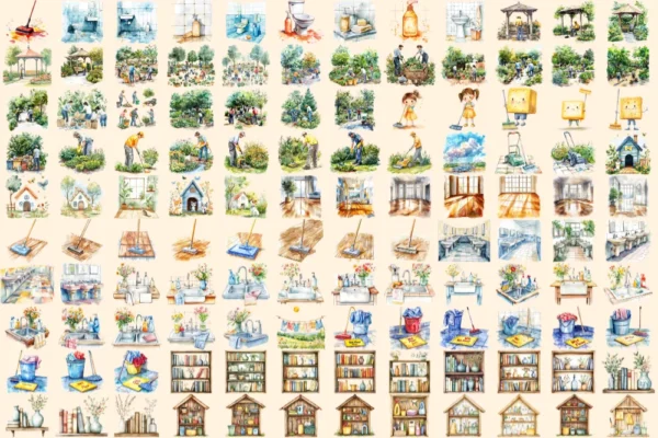 Cleaning Watercolor Clipart Bundle - 825+ transparent PNG, Cleaning supplies illustration, Sanitation png, Commercial use, Digital download