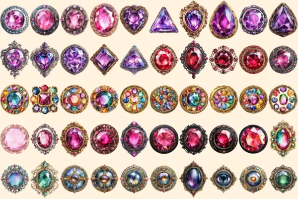 Gem Buttons Watercolor Clipart Bundle - 343+ transparent PNG, Shimmering gem button png, Decorative art, Commercial use, Digital download