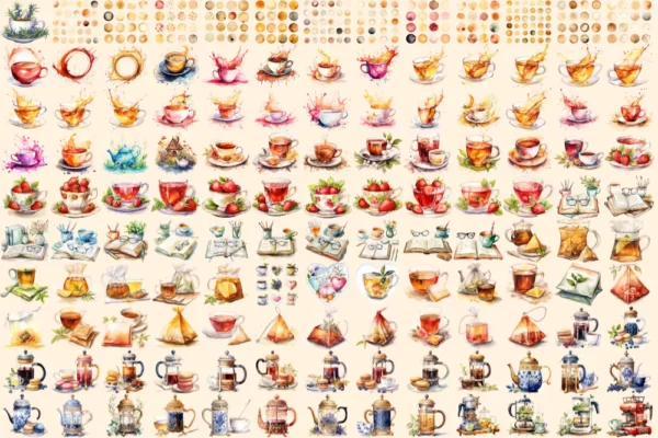 Everyday Tea Watercolor Clipart Bundle - 900+ transparent PNG, Tea bag illustration, Casual beverage images, Commercial use,Digital download