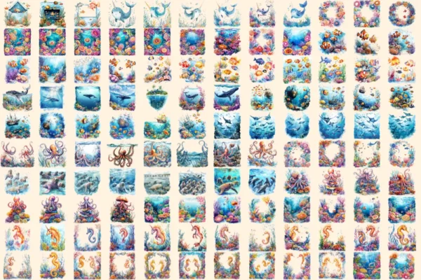 Sea Animals Watercolor Clipart Bundle - 832+ transparent PNG, Marine wildlife graphics, Ocean creature art, Commercial use, Digital download