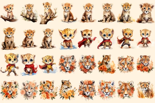 Cheetah Watercolor Clipart Bundle - 211+ transparent PNG, Safari cheetah graphics, Wild savanna images, Commercial use, Digital download