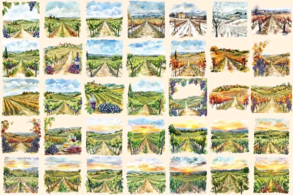 Vineyards Watercolor Clipart Bundle - 233+ transparent PNG, Rustic vineyard landscapes, Wine decor images, Commercial use, Digital download