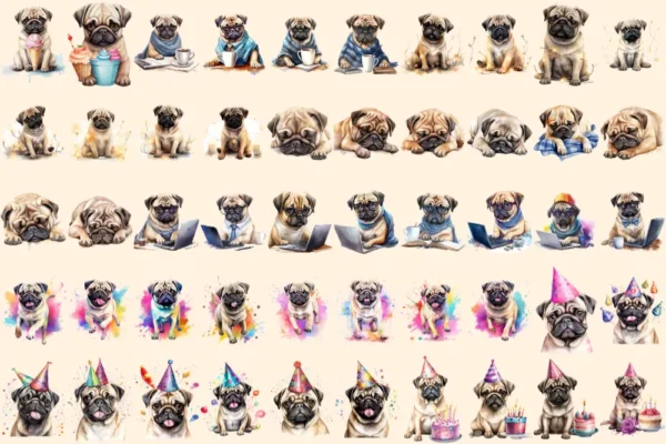 Pugs Watercolor Clipart Bundle - 345+ transparent PNG, Charming pug illustrations, Playful puppy graphics, Commercial use, Digital download