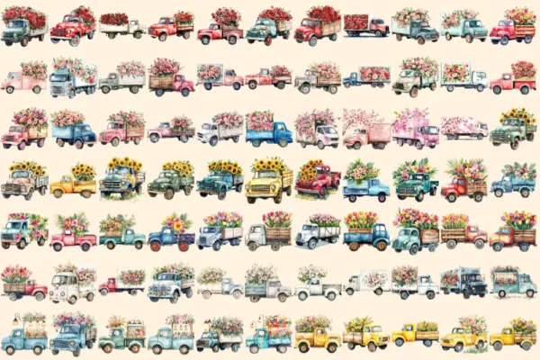 Floral Trucks Watercolor Clipart Bundle - 523+ transparent PNG, Blossom truck graphics, Floral vehicle png, Commercial use, Digital download