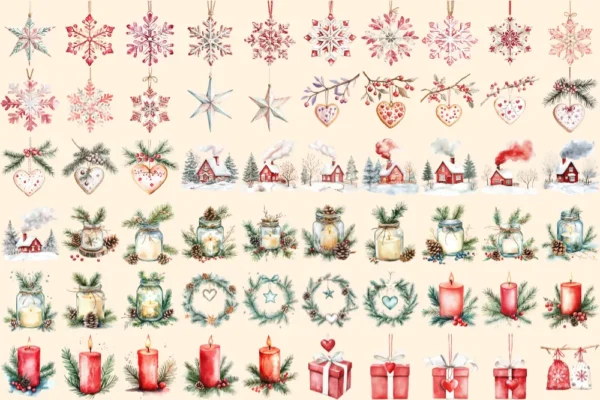 Scandinavian Christmas Watercolor Clipart Bundle - 415+ transparent PNG, Nordic festive art, holiday images, Commercial use,Digital download