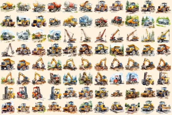 Construction Vehicles Watercolor Clipart Bundle - 600+ transparent PNG, Construction images, Machinery png, Commercial use, Digital download