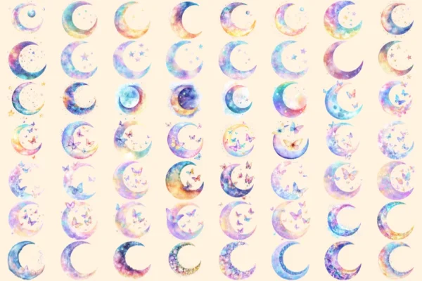 Heavenly Moons Watercolor Clipart Bundle - 389+ transparent PNG, Mystical night graphics, Ethereal moon art, Commercial use,Digital download