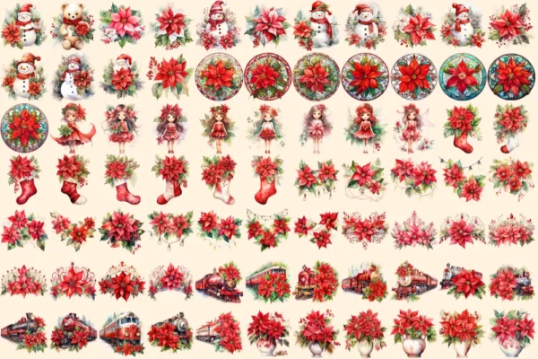 Poinsettias Watercolor Clipart Bundle - 515+ transparent PNG, Festive floral graphics, Poinsettia images, Commercial use, Digital download