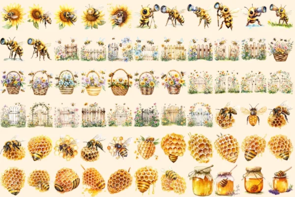 Cute Honey Bees Watercolor Clipart Bundle - 440+ transparent PNG, Sweet bee graphics, Loving insect art, Commercial use, Digital download