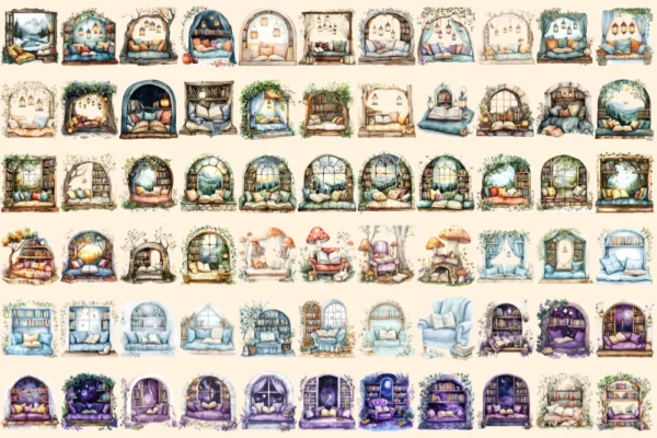 Magical Reading Nook Watercolor Clipart Bundle - 457+ transparent PNG, Cozy book images, Enchanted nook png, Commercial use,Digital download