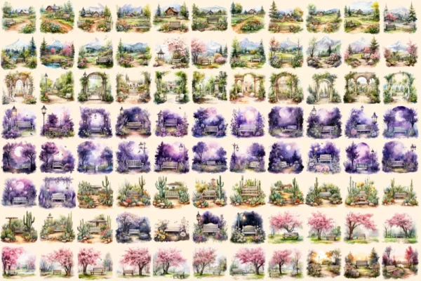Garden Benches Watercolor Clipart Bundle - 603+ transparent PNG, lovely garden graphics, Rustic outdoor png, Commercial use,Digital download