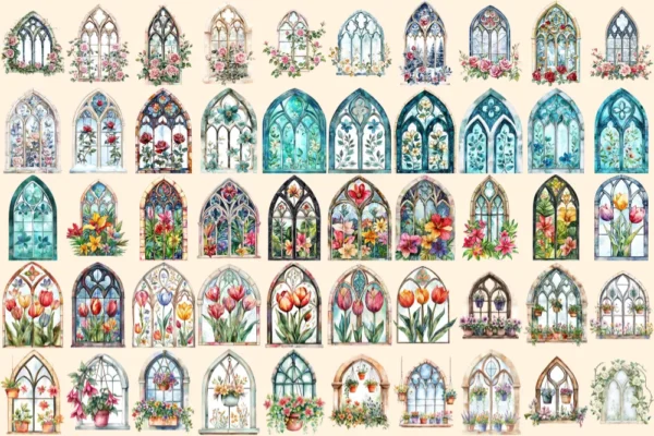 Floral Church Windows Watercolor Clipart Bundle - 340+ transparent PNG, Sacred graphics, Floral glass art, Commercial use, Digital download