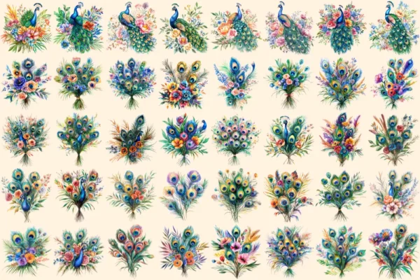Peacock Bouquets Watercolor Clipart Bundle - 255+ transparent PNG, Elegant floral graphics, Vibrant images, Commercial use, Digital download