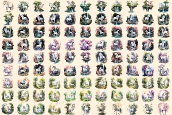 Elderwood Unicorns Watercolor Clipart Bundle - 685+ transparent PNG, Unicorn forest images, Fairytale art, Commercial use, Digital download