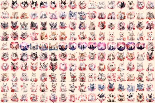 Valentine's Day Cats Watercolor Clipart Bundle - 1070+ transparent PNG, Romantic cat png,Loveable kitten art,Commercial use,Digital download