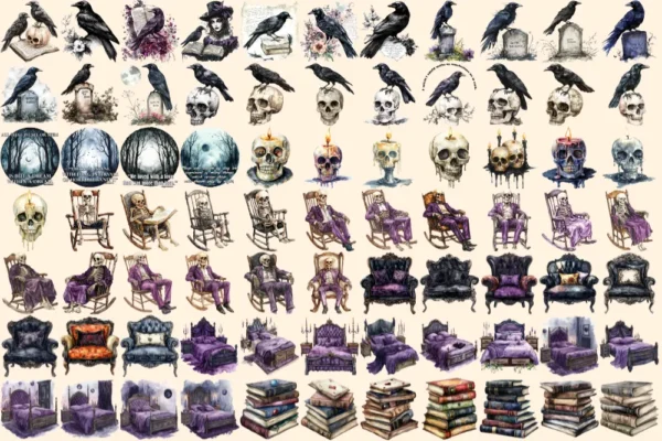 Dark Poem Watercolor Clipart Bundle - 500+ transparent PNG, Edgar allan poe graphics, Dark victorian png, Commercial use, Digital download