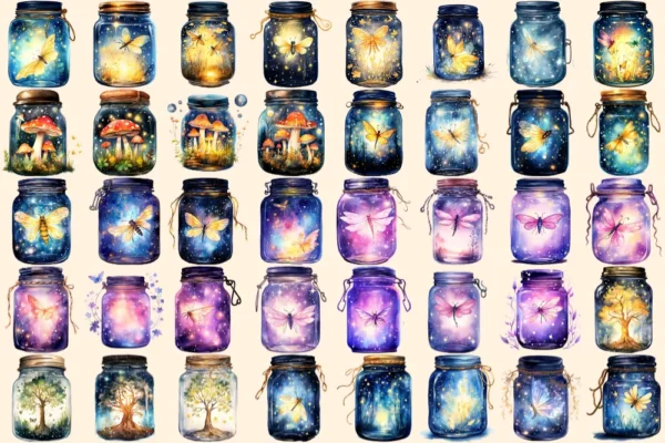 Firefly Jars Watercolor Clipart Bundle - 253+ transparent PNG, Whimsical fairytale graphics, Storybook art, Commercial use, Digital download