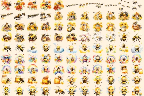 Bumblebees Watercolor Clipart Bundle - 645+ transparent PNG, Honey insect illustrations, Buzzing bee png, Commercial use, Digital download