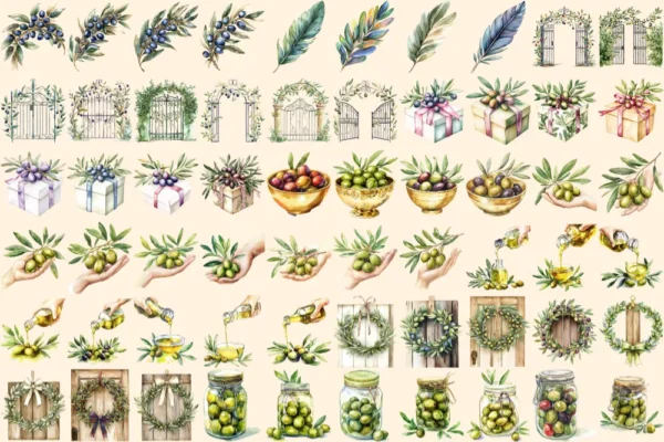 Olives Watercolor Clipart Bundle - 405+ transparent PNG, Mediterranean charm illustrations, Olive images, Commercial use, Digital download