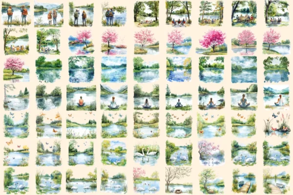 Spring Lakes Watercolor Clipart Bundle - 430+ transparent PNG, Peaceful lake graphics, Soothing scenic png, Commercial use, Digital download