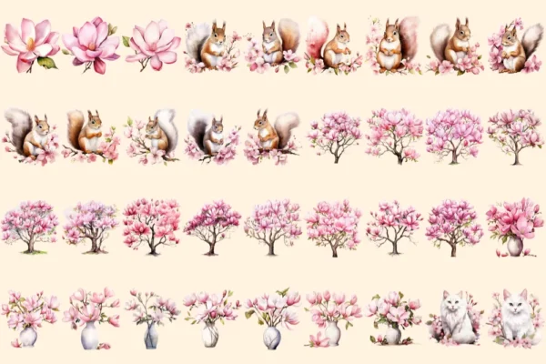 Magnolia Watercolor Clipart Bundle - 234+ transparent PNG, Botanical floral illustrations, Blossom images, Commercial use, Digital download