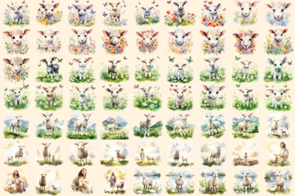 Lambs Watercolor Clipart Bundle - 432+ transparent PNG, Adorable farm illustrations, Cute lamb graphics, Commercial use, Digital download