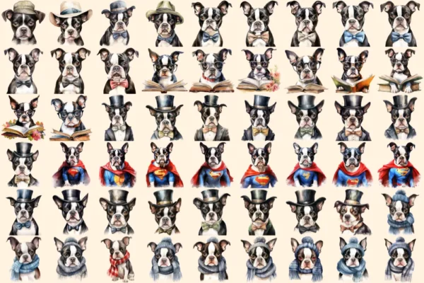 Boston Terriers Watercolor Clipart Bundle - 345+ transparent PNG, Boston puppy illustrations, Cute dog png, Commercial use, Digital download