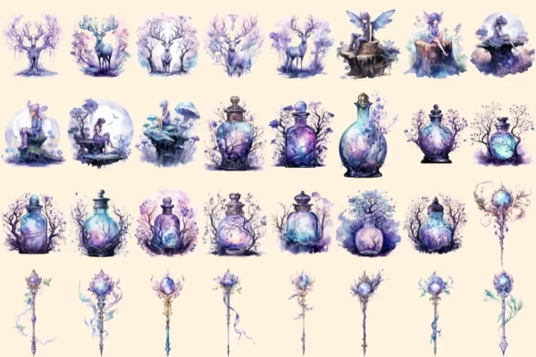 Nightforest Fairies Watercolor Clipart Bundle - 197+ transparent PNG, Magical illustrations, Fantasy images, Commercial use,Digital download