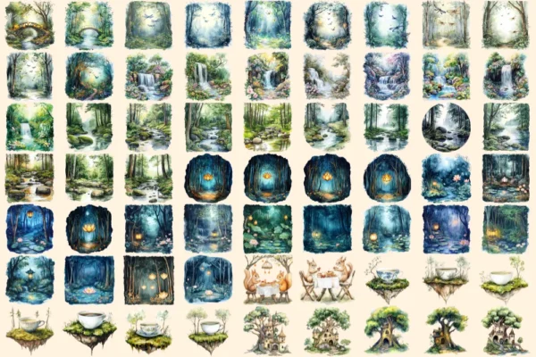 Whispering Woods Watercolor Clipart Bundle - 440+ transparent PNG, Mystical forest graphics, Enchanted art, Commercial use, Digital download