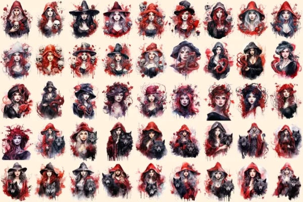 Gothic Witches Watercolor Clipart Bundle - 295+ transparent PNG, Fantasy fairytale graphics, Enchanting png, Commercial use,Digital download