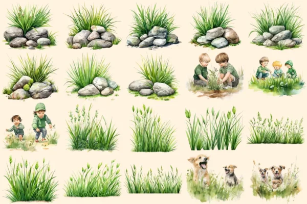 Grass Watercolor Clipart Bundle - 135+ transparent PNG, Botanical grass illustrations, Spring greenery art, Commercial use, Digital download