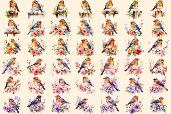 Robins Watercolor Clipart Bundle - 280+ transparent PNG, Delightful bird graphics, Adorable robin images, Commercial use, Digital download