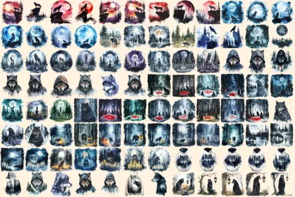 Gothic Wolves Watercolor Clipart Bundle - 630+ transparent PNG, Enigmatic lycan graphics, Shadowy wolf art, Commercial use, Digital download