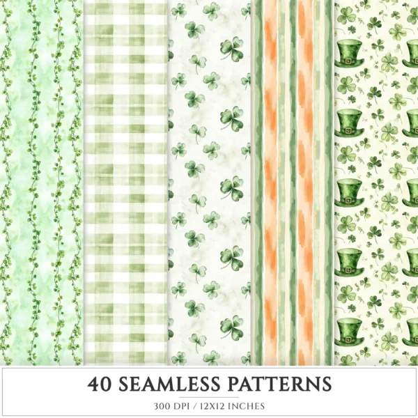 Lucky Cottage Seamless Patterns, Shamrock floral JPEG, Green celtic pattern, St. patrick’s day repeating pattern, Digital scrapbook paper
