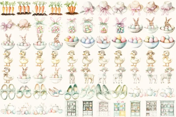 Happy Easter Watercolor Clipart Set - 510+ transparent PNG, Cozy spring illustrations, Cute egg graphics, Commercial use, Digital download