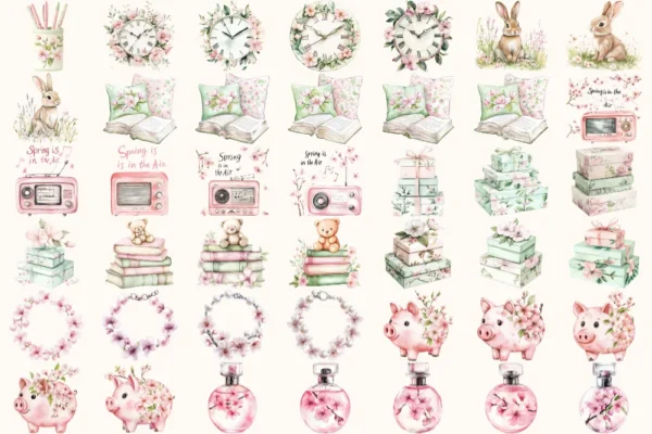 Spring Planner Watercolor Clipart Set - 290+ transparent PNG, Planner girl illustrations, Bookish images, Commercial use, Digital download