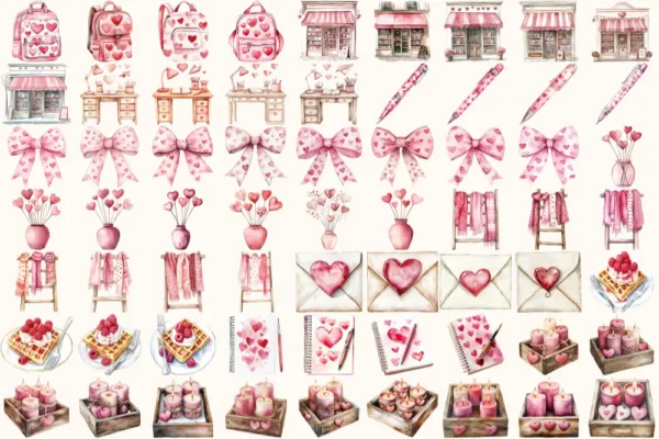 Planning in Love Watercolor Clipart Set - 415+ transparent PNG, Valentine graphics, Bookish love images, Commercial use, Digital download