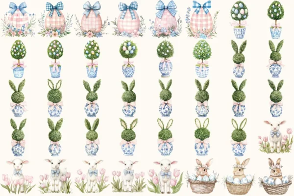 Grandmillenial Easter Watercolor Clipart Set - 260+ transparent PNG, Easter toile graphics, Chinoiserie png, Commercial use,Digital download