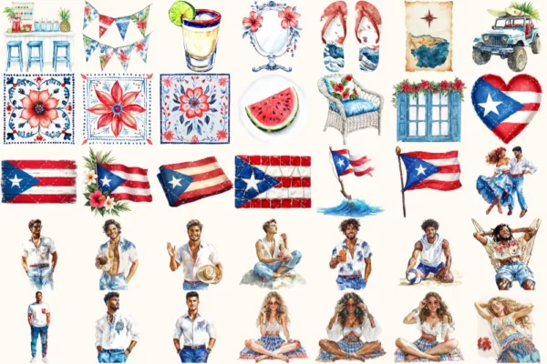 Puerto Rico Watercolor Clipart Set - 240+ transparent PNG, Summer island illustrations, Caribbean graphics, Commercial use, Digital download