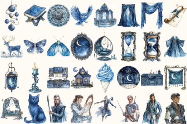 Celestial Elf Watercolor Clipart Set - 215+ transparent PNG, Magical nightscape graphics, Cosmic stars art, Commercial use, Digital download