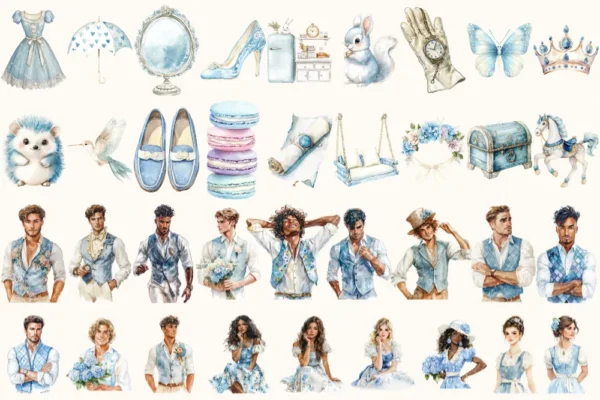 Modern Alice Watercolor Clipart Set - 250+ transparent PNG, Alice in wonderland graphics, Fairytale images, Commercial use, Digital download