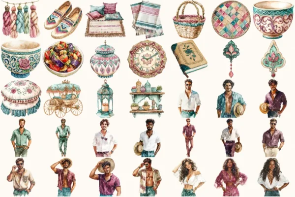 Moroccan Escape Watercolor Clipart Set - 235+ transparent PNG, Summer travels graphics, Moroccan decor art, Commercial use, Digital download
