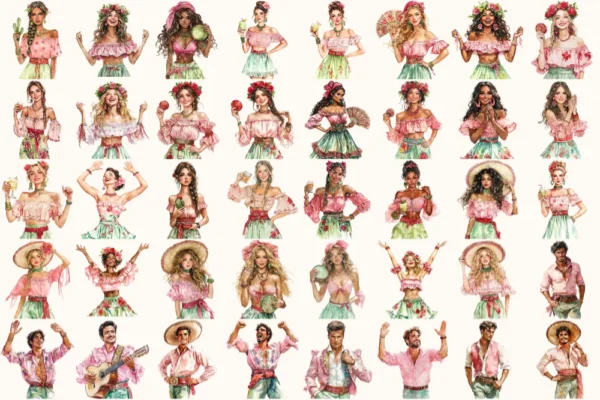 Viva Mexico Watercolor Clipart Set - 240+ transparent PNG, Mexican fiesta graphics, Cinco de mayo party art, Commercial use,Digital download