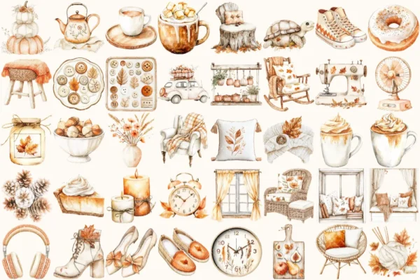Autumn Planner Watercolor Clipart Set - 248+ transparent PNG, Cozy planner girl graphics, Boho fall png, Commercial use, Digital download