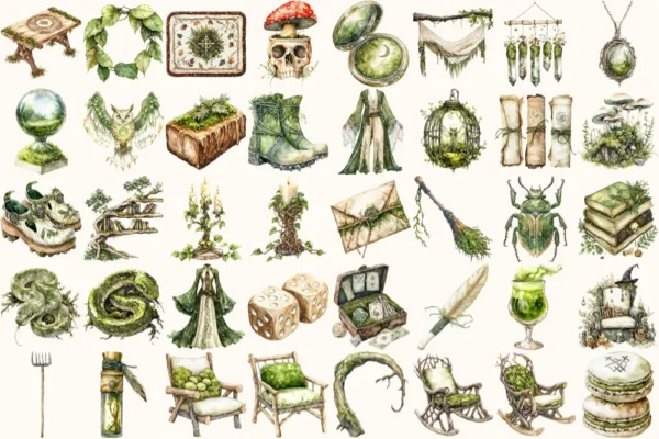 Gravemoss Witch Watercolor Clipart Set - 265+ transparent PNG, Mystic forest graphics, Witchy fantasy art, Commercial use, Digital download