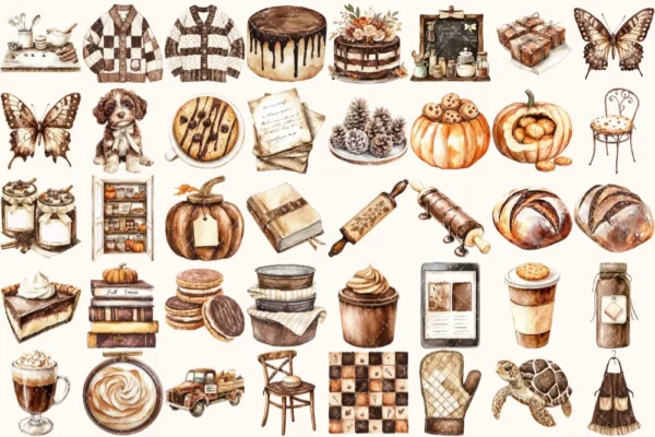 Chocolate Heaven Watercolor Clipart Set - 265+ transparent PNG, Cozy fall treats graphics, Pastry images, Commercial use, Digital download